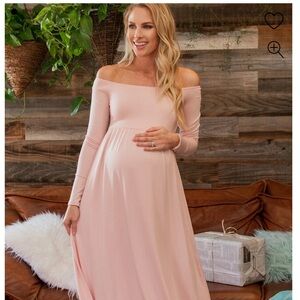 PinkBlush Pink Solid Off Shoulder Maternity Maxi Dress